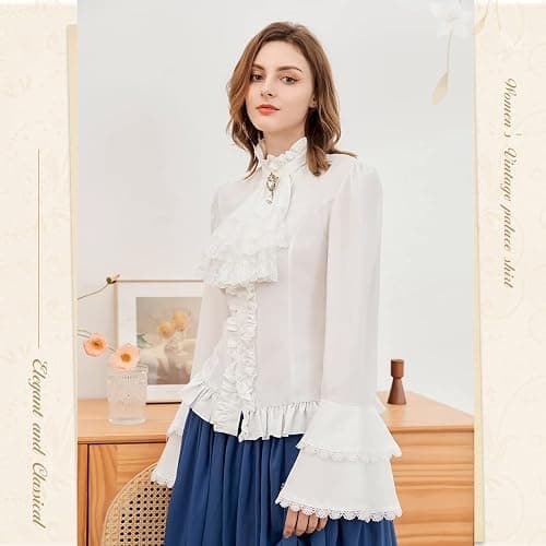 Womens Victorian Blouse Gothic Pirate Shirt Renaissance Blouse Vintage Long Sleeve Lotus Ruffle Shirt thumbnail 6