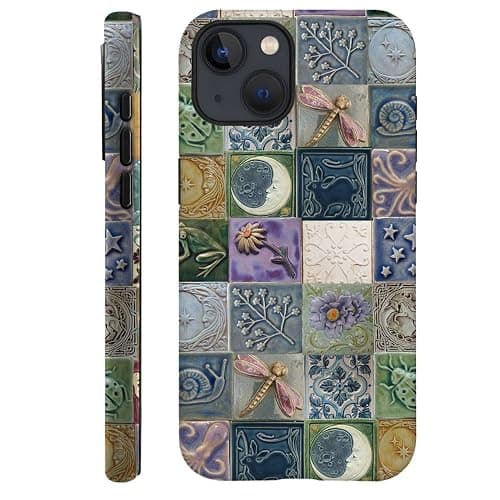 Piodaidy Compatible with iPhone 15,Durable & Shockproof Phone Case Cover Design - Tiles Pattern Moon Dragonfly Flower - Image 1
