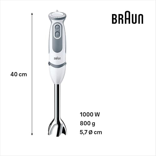 Braun Minipimer MultiQuick 5 Vario MQ5200 Frullatore ad Immersione, 21 Velocità, Preciso e Potente, Impugnatura Ergonomica, Dotato Bicchiere da 600 ml, Potenza 1000W, 1 accessorio, Bianco/Grigio thumbnail 2