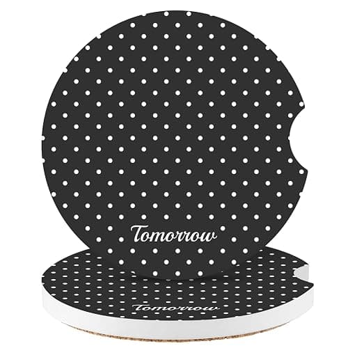 Watbro Cute Fashion Polka Dot Car Coasters 2 Pack for Cup Holders, 2.56 Inch Finger Notch Retro 70's Style Ceramics Heat Resistant Anti Slip Cork Base Car Drinks Coasters Auto Accessories-Black - Image 1