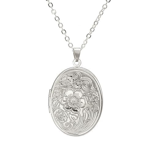 Vintage Engraved Flower Empaistic Photo Locket Hold Picture Oval Round Pendant Necklace Antique Carved Pattern Souvenir Memorial Clavicle Jewelry for Women - Image 1