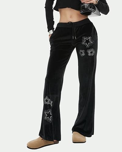 Bosloga Velvet Star Rhinestone Flare Pants for Women, Bootcut Low Rise Drawstring Bell Bottoms, Y2K Streetwear thumbnail 2