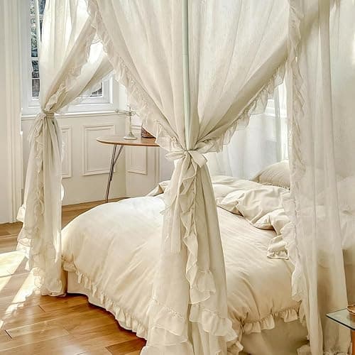 Mengersi Canopy Bed Curtains,Linen Bed Canopy Curtains 4 Corner Bed Drapes Canopy Curtains for Bedroom Decor (Ivory,Queen) thumbnail 8