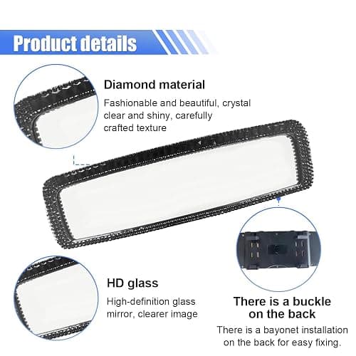 JOYCOURT Bling Rhinestone Panoramic Rear View Mirror Clip-On Mirror, Black | HD Glass Wide Angle Car Interior Rear View Mirror with Crystal Diamonds, Car Decoration Accessories for Women Men Teens thumbnail 3