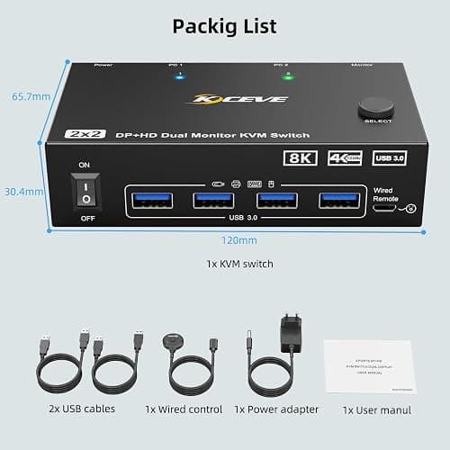KVM Switch 2 Monitores 2 PC 8K Displayport + HDMI USB 3.0 KVM Conmutador para dos monitores, soporta 8K @ 60Hz, 4K @ 120Hz para 2 ordenadores que comparten teclado, ratón y monitor thumbnail 8