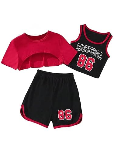 OYOANGLE Girl's 3 Piece Outfit Letter Graphic Basketball Tank Top and Track Shorts with Crop Top - 12-13Y - Black Red