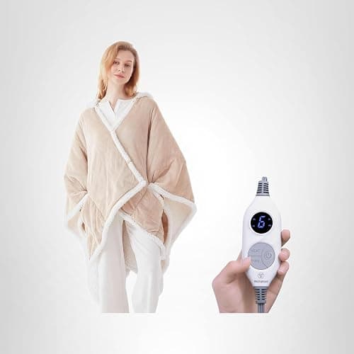 Westinghouse Wearable Heated Throw Blanket, Electric Heated Wrap Poncho Shawl with Pockets, 6 Heating Levels & 2 to 10 Hours Time Settings, 50 x 60 Inch, Beige thumbnail 2