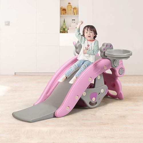 Costzon 5 in 1 Toddler Slide Rocking Toy, Slide for Kids with Detachable Stool, Basketball Hoop and Ring Game, Foldable Climber Playground Slide for Both Indoors Outdoor Use (Pink Bear) thumbnail 2