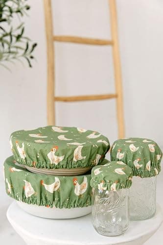 (4-Pack) Sourdough Reuseable Jar & Bowl Covers | Cute Baking Gift | 100% Cotton | Washable | Bread Proofing | Kitchen Food Storage Gifting | Starter Cover Lid Kit (Chickens) thumbnail 2