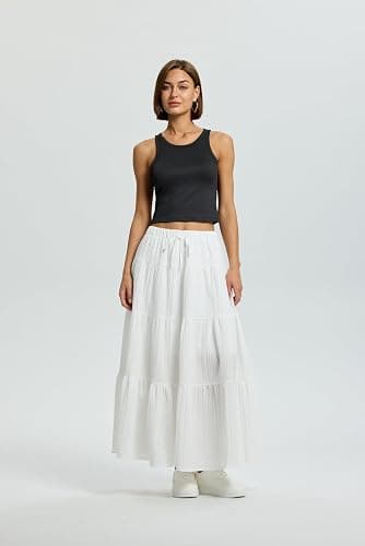 QJQ Women's Summer Boho Flowy Flared Ruffle Maxi Skirt 2025 Tiered A Line Elastic High Waisted Long Skirts thumbnail 3