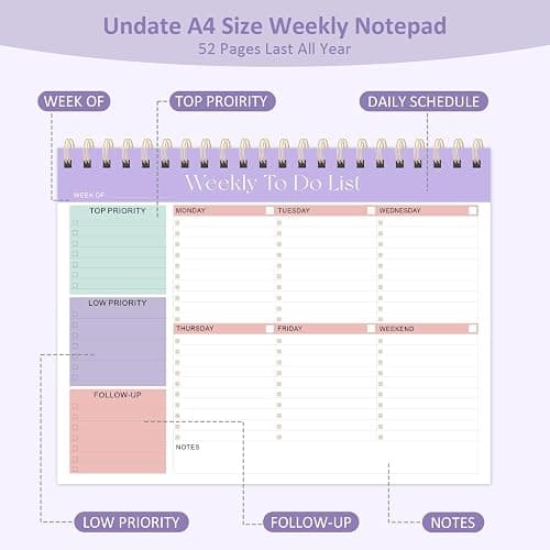 Weekly To Do List Notepad, 52 Undated Sheets (8.5"×11"), Undated Weekly Planner for Women & Men, Desk Accessories and Supplies for Office, Home, and School thumbnail 3