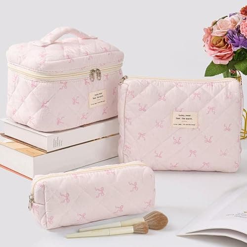 MZLUWM 3Pcs Makeup Bag Cute Cosmetic Bags for Women, Large Capacity Travel Quilted Makeup Bag Set,Cotton Floral Makeup Pouch, Coquette Puffy Toiletry Bag,Attractive Quilted Pouch (Pink bow) thumbnail 3