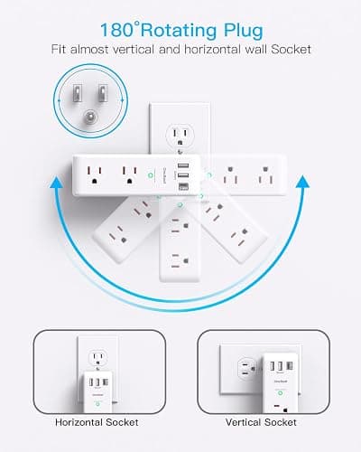 Surge Protector Outlet Extender - with Rotating Plug, 6 AC Multi Plug Outlet with 3 USB Ports (1 USB C), 1800J Wall Charger, 3-Sided Power Strip with Spaced Outlet Splitter for Home, Office, Travel thumbnail 3