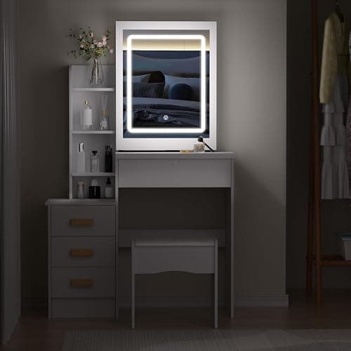 Wilitto Vanity Desk,Makeup Vanity with Sliding Mirror and Lights, Bedroom Dressing Table, Makeup Table with 4 Drawers & 7 Shelves, Hidden Storage Space White thumbnail 7