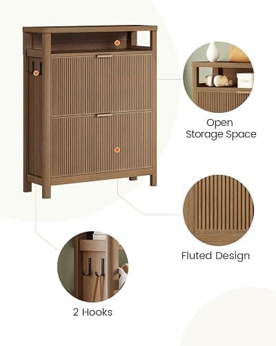 AOGLLATI Shoe Cabinet Storage,Narrow Fluted Shoe Rack Cabinet with 2 Flip Drawers, Wooden Freestanding Organizer with Open Storage Space for Entryway,Wood (Wood) - Wood thumbnail 5