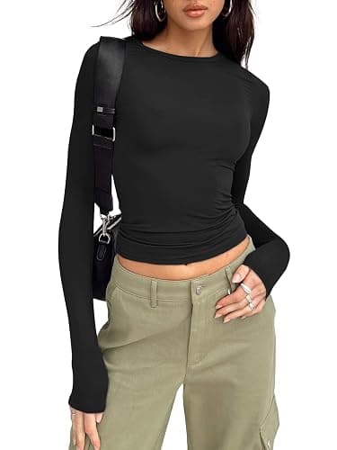 Trendy Queen Womens Long Sleeve Shirts Fall Fashion 2025 Basic Crop Tops Going Out Workout Outfits Y2k Clothes - X-Small - Black - Image 1