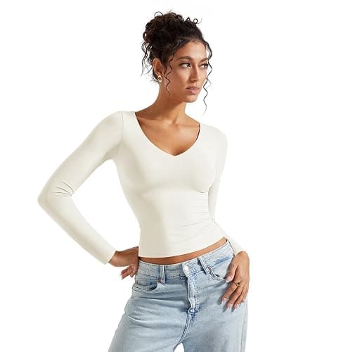 SUUKSESS Women Double Lined Casual V Neck Crop Tank Tops Basic Long Sleeve Shirts thumbnail 3