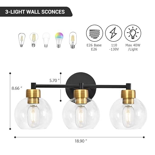 diniluse Black and Gold Bathroom Light Fixtures, 3 Lights Bathroom Vanity Light Round,Vanity Lights with Clear Globe Glass Shades, Wall Sconce for Mirror, Bedroom, Living Room, Kitchen - Gold - 3-Light thumbnail 3