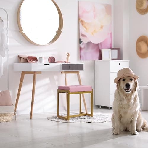FLYZC Vanity Stool, Pink Small Vanity Stools Chair, Square Cushion Makeup Chairs for Vanity, Metal Foot Stool Ottoman Seat for Bedroom Makeup Living Room, Pink & Gold - Pink & Gold thumbnail 3