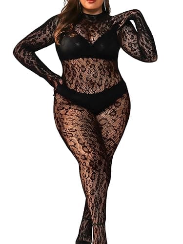 EHSUYAB Plus Size Fishnet Bodysuit For Curvy Women, Full Leopard Body Stockings Rave Outfit, Sexy Lace Jumpsuit Festival Club - Image 1