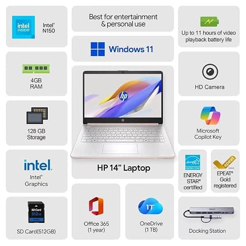 HP New Gen 14" Laptop · MS Office · 128GB · 512GB SD Card · 4GB RAM · HD Display · 12-Hour Battery · WiFi · Bluetooth · Windows 11 · Rose Gold thumbnail 2