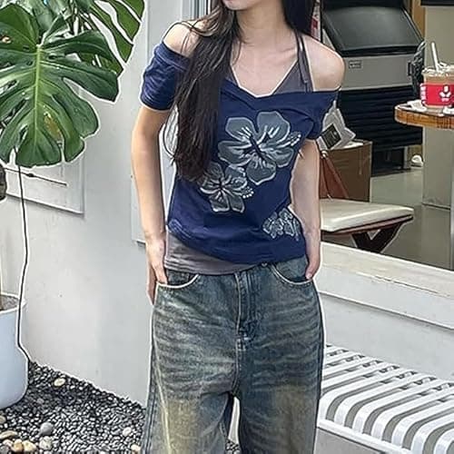 Emo Grunge Shirts Women 2000s Graphic Baby Tees Fake Two Piece Short Sleeve Vintage Y2k Crop Top Goth Alt Clothes - Grey Flower - Large thumbnail 5