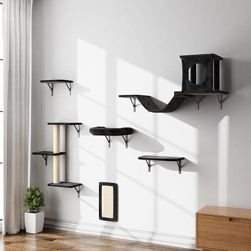 NUNU LAB Wall Mounted Cat Climber Set, 6 Pcs Cat Furniture Set with House, Bridge, Steps, Scratcher Board and Hammock, Shelves for Indoor, Luxury Walls Furniture(Black) - Image 1