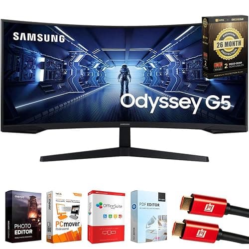 Samsung 34" Odyssey G55T WQHD 165Hz 1ms(MPRT) HDR Curved Gaming Monitor Bundle with Tech Smart USA Elite Suite 18, 2X HDMI Cable & Deco Gear CPS Exclusive 26 Month Protection Pack (BEACH-CPS-26M1000) - Image 1