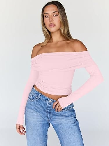 Trendy Queen Women Long Sleeve Shirts Off Shoulder Tops Going Out Crop Sexy Slim Fitted Y2K Fall Outfits 2025 Fashion Clothes thumbnail 2