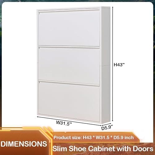 iCHENGGD Shoe Storage Cabinet with 3 Flip Drawers, Hidden Slim Narrow Shoe Rack Cabinet, Wall Mount Metal Shoe Cabinet for Entryway, White thumbnail 2