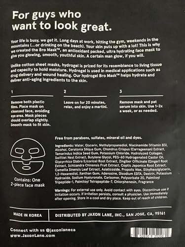 JAXON LANE BRO MASK: Korean Face Mask for Men | 2 Pc. Hydrating Anti Aging Sheet Masks Contains Vitamin C, Vitamin E, Hyaluronic Acid, Hydrolyzed Collagen for Face Care & Acne Treatment (4 Pack) - 4 Count (Pack of 1) thumbnail 8