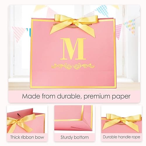 Initial Birthday Gift Bag with Card and Tissue Paper for Women/ Her, 13" Large Pink Gold Personalized Alphabet Bow Bag, Birthday Decorations for Women, Bridal Party Paper Bags for Gifts Wrapping thumbnail 3