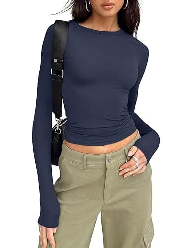 Trendy Queen Womens Long Sleeve Shirts Basic Tees Crop Tops Going Out Spring 2025 Workout Outfits Y2k Clothes - Small - Navy