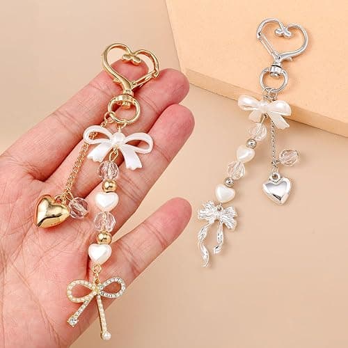 2pcs Bow Heart Beaded Keychain Accessories Cute Keychains for Women Kawaii Bowknot Pearl Bag Charms for Handbags Silver Gold Bows Hearts Key Chain for Car Keys Aesthetic Heart Key Ring Backpack Charms thumbnail 7