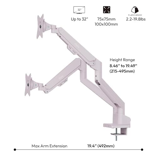 Pixio PS1D Wave Pink Dual Monitor Arm Stand Desk Mount - Fits up to 32 inches Monitors and up to 19.8lbs. VESA Compatibility and Integrated Cable Management thumbnail 4