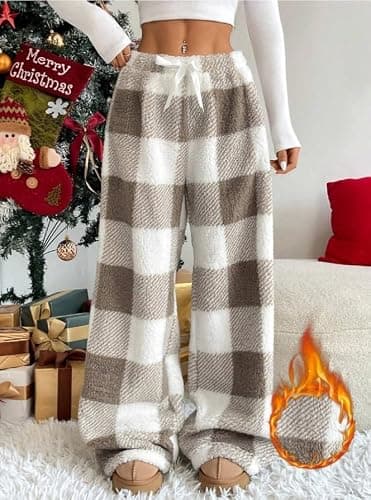 Flannel Pajama Pants for Women Plush Fuzzy Plaid Leopard Pjs Pant Furry | Flannel Pajama Pants for Women Plush Fuzzy Plaid Leopard Pjs Pant Furry Pajamas Bottom Sleep Pants thumbnail 2