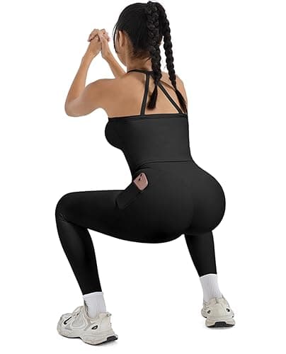 SUUKSESS Women 2 Piece Workout Sets Compression Tummy Control Leggings with Pockets Halter Built in Bra Tank Tops thumbnail 3