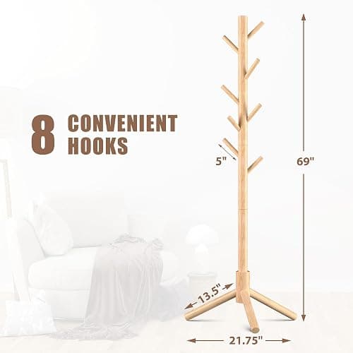 Haddockway 3 Adjustable Freestanding Wooden Coat Rack Stand 8 Hooks,Hallway thumbnail 2