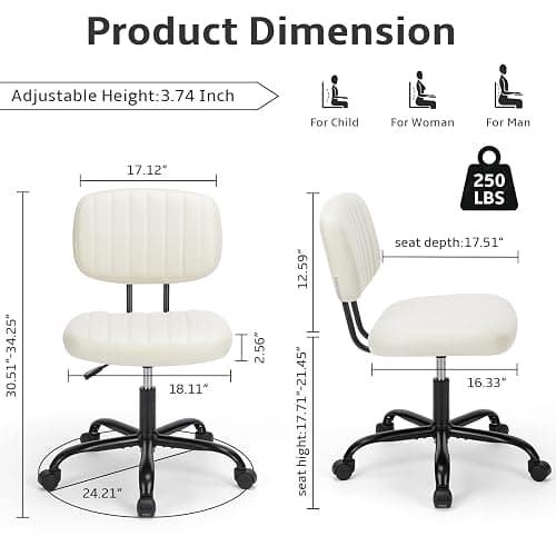 NEWBULIG Armless Small Office Desk Chair with Low Back Lumbar Support, PU Leather Computer Vanity Chair with 360° Swivel Rolling Wheels, Height Adjustable Task Chair for Small Space, White thumbnail 2