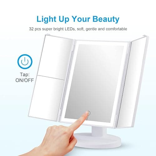 GRIFEMA Specchio per Trucco Trifold con Luce a 32 LED, con Illuminazione, Ingrandimento 3/2/1, Specchio da Tavolo Touch, Regolabile a 180°, USB e Batteria, Bianco thumbnail 4