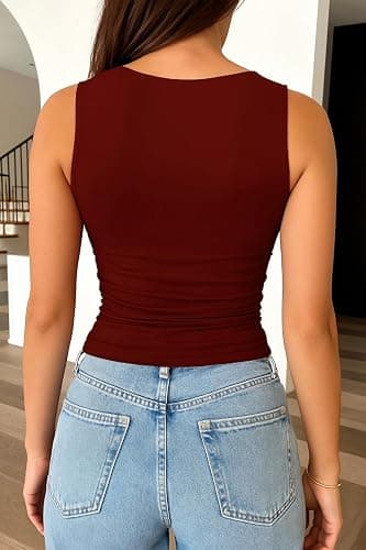 ForeFair Boat Neck Tank Tops for Women - Double Lined Going Out Top Basic Summer Cute Ruched thumbnail 4