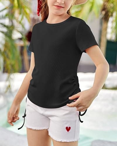 Imily Bela Girls Tees Shirts Cute Crew Neck Short Sleeve Side Drawstring Solid Tops Kids Children Summer Clothes thumbnail 4
