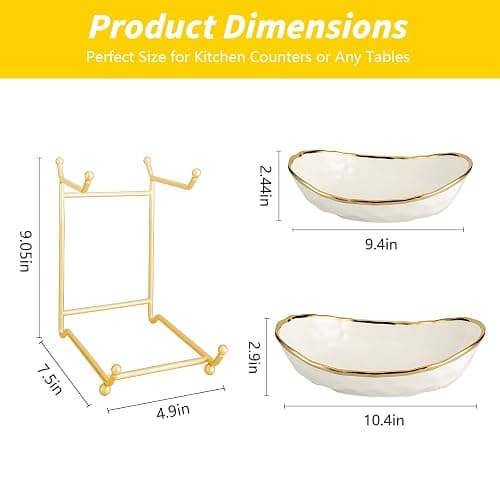 jessie 2 Tier Ceramic Fruit Bowl for Kitchen Counter with Metal Rack, Fruit Basket with Stand, Porcelain Bowls for Vegetable Bread Candy Snack Nuts Dessert Cake Tray (Gold 2 layer) thumbnail 3