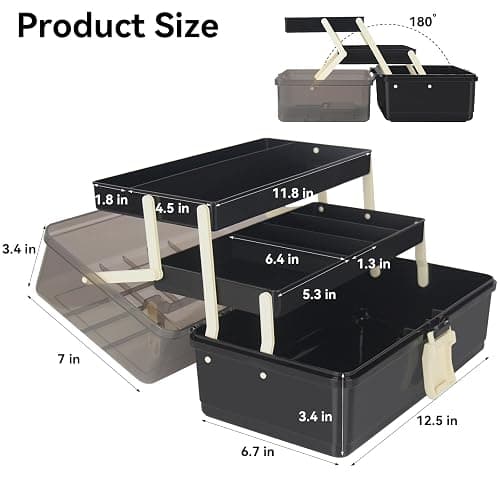 WEWLINE 13-Inch Art Storage Box 3-Layers Plastic Storage Box with Handle Craft Art Bin Portable for Home School Office Travel, Black thumbnail 2