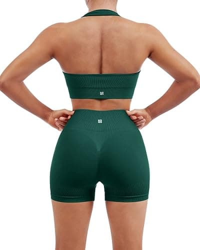 SUUKSESS Women Seamless Ribbed Workout Set Backless Sports Bra Booty Biker Short - Image 1