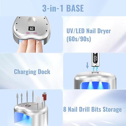 Denabuty Nagelfräser Kabellos, Elektrische Nagelfeile Professionelle 2 in 1 Fräser für Gelnägel Acrylnägel mit Nagel UV LED Lampe, Maniküre und Pediküre Set Nail Drill 35000 U/Min Silber thumbnail 4