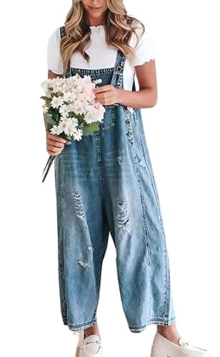 chouyatou Women Loose Adjustable Strap Denim Bib Overall Jeans Distressed Wide Leg Baggy Overalls Jumpsuit - Image 1