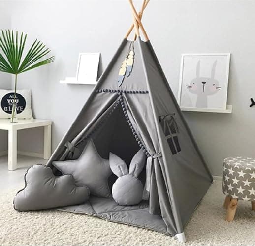 RONGFA Kids Teepee Tent with White Pom Pom - Indoor Play Teepee for Children Boys Portable Play House (Grey) thumbnail 7