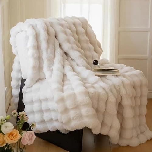 DREAMLANDING Couverture en fausse fourrure de lapin de luxe en peluche sherpa jetable réversible, chaude et douce en fourrure pelucheuse pour lit, canapé, sofa, décoration de la maison (crème, 100 x thumbnail 5