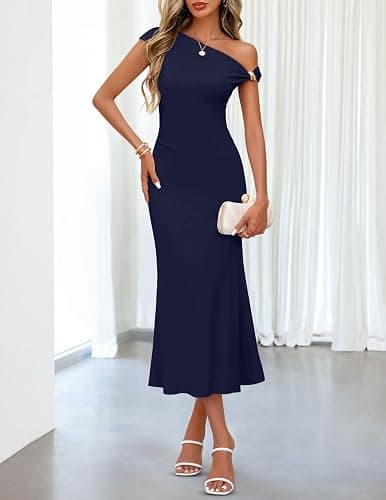 MEROKEETY Women's Wedding Guest One Shoulder Dresses 2026 Summer Formal Elegant Cocktail Party Midi Dress thumbnail 3